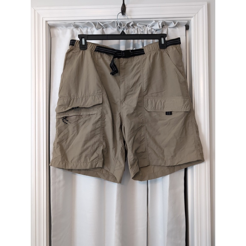 BASIC EDITIONS SHORTS MENS LARGE TAN BELTED NYLON CARGO HIKING OUTDOORS LARGE